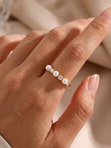 1 pieza Anillo elegante alternado de perla y circonita, joyería francesa apilable para novia y invitados, apto para uso diario - Multicolor - Ver 2