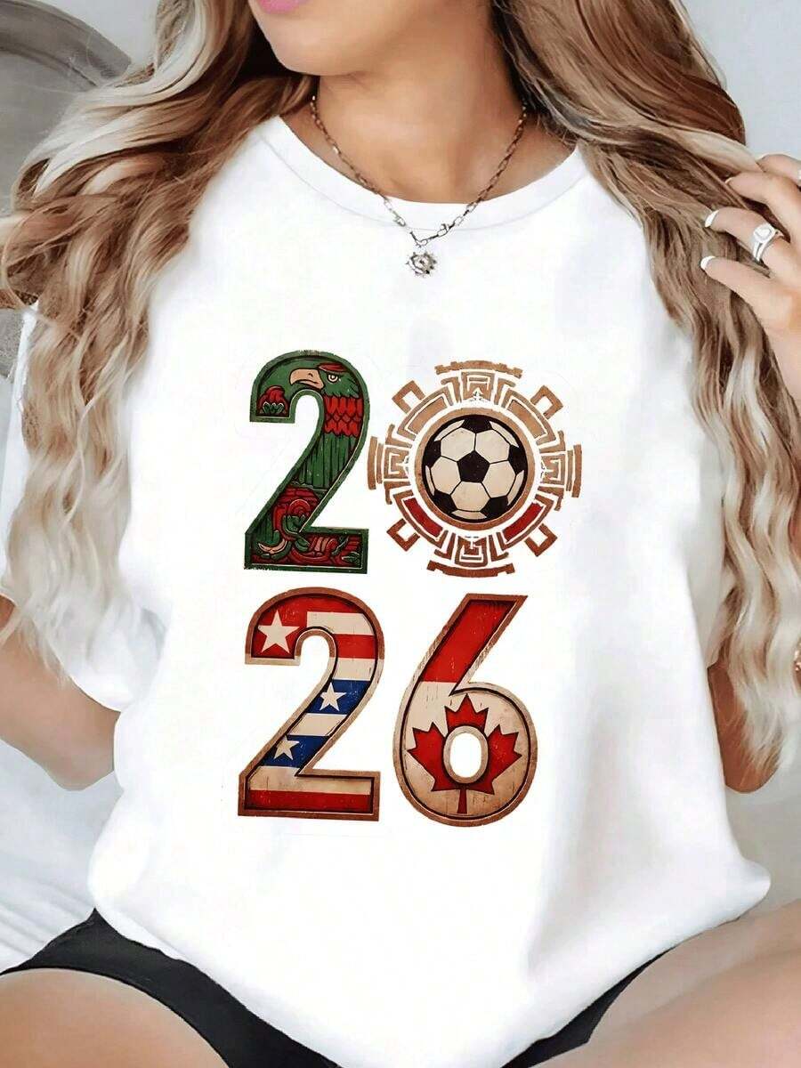 Decorative Numbers With Symbols Of Mexico, The United States, And Canada Celebrate The Continent's Sporting Unity And Passion For Soccer. Women's T-Shirt, 100% Cotton - 白色的 - 查看 1