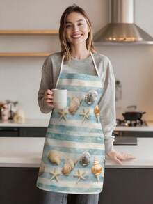 1 pieza, Delantal de poliéster con estampado de estrella de mar, concha, medusa y pez, adecuado para cocinar, hornear y jardinería - se puede usar como vestimenta para la cocina y el comedor. - Multicolor - Ver 4