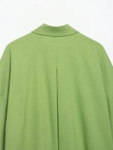 女士翻领长袖优雅黄色休闲宽松纽扣衬衫 - 綠色 - 查看 5
