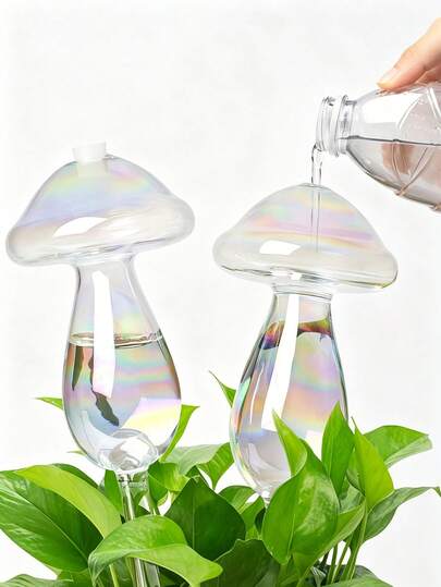 2pcs Glass Mushroom Shaped Self-Watering Planter, Slouchy Automatic Drip Irrigation, Transparent Glass Watering Can For Gardening