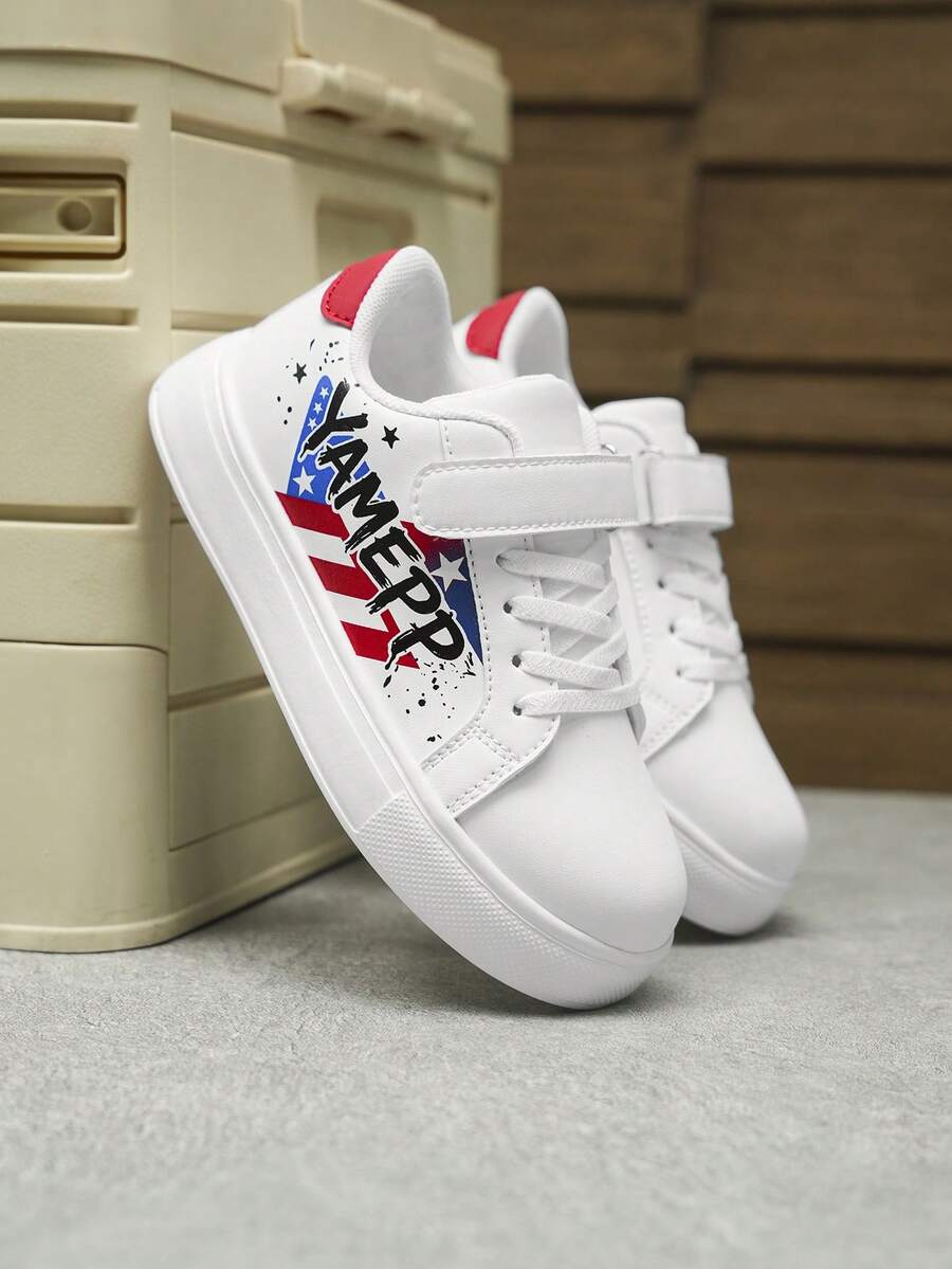 YAMEPP Kids' Colorblock Graffiti White Sneakers, Spring/Summer Canvas Lightweight Hook And Loop Campus Sports Shoes, Colorblock Letter Children's Flat Shoes, Star & Stripe Print White Sneakers, Student Casual Flat Shoes