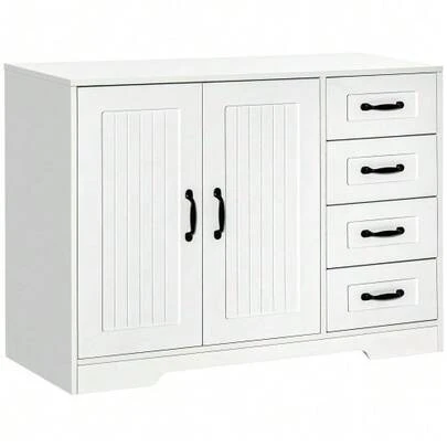 HOMCOM White Sideboard With 4 Drawers, Adjustable Shelf And Anti-Tip Protection For Kitchen And Living Room.
