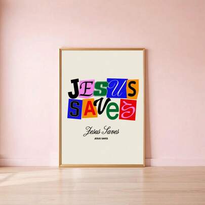 1pc Retro Jesus Saves Wall Art Picture Colorful Typography Christian Prints Canvas Painting Bible Verse Poster Inspirational Religious Decor For Living Room Bedroom Bathroom Wall Decoration Unframed , Framed Or Wooden Hanging Scroll