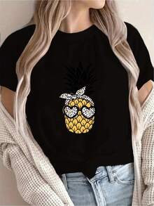 [New Arrival Recommendation] Women's Casual Summer Pineapple Tropical Pattern Printed T-Shirt, Vacation Wear, Short Sleeve, Round Neck, Spring/Summer, Machine Washable, New Women's Clothing, Versatile For Going Out, Suitable For Sports. - 黑色 - 查看 6