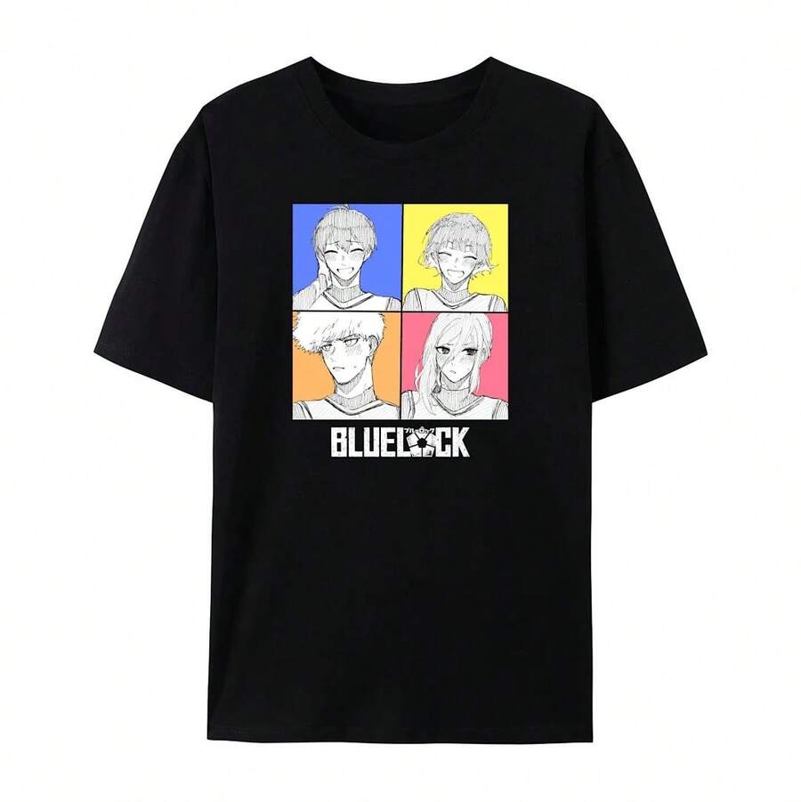 Camiseta de Algodón con Gráficos de Anime Azul, Lock Yoichi Isagi Seishiro Nagi, Camiseta Unisex de Manga Corta con Cuello Redondo de Anime Japonés01png - Negro - Ver 1