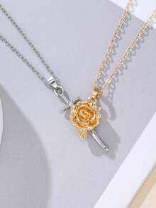 Set de 2 piezas Collar con colgante de rosa gótica y espada para mujeres y hombres, collar con colgante de rosa y espada de dos tonos, collar declarativo, cadena romántica a juego, regalos de pareja para fiesta, boda y cumpleaños - collar - Ver 7