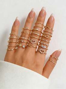 28pcs Gold Stackable Rings Set, Fashionable Minimalist Daily Wear Rings, Ideal Gift - Gold - View 6