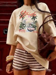Short-Sleeve T-Shirt With Retro Cityscape And "Carolina" Slogan.  Short-Sleeve T-Shirt For Spring And Summer 2026, Made In Mexico, 180 Grams. Cartoon Print, Couple Design, Suitable For Indoor Or Outdoor Wear. Crew Neck, Unisex, Ideal For Office And Leisure. One-Pack. - APR-P631577SLNDXZGY387 - 查看 3