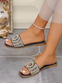 Colorful Rhinestone Slippers For Women, New Summer Fashion Versatile Flat Beach Sandals - Black - View 3