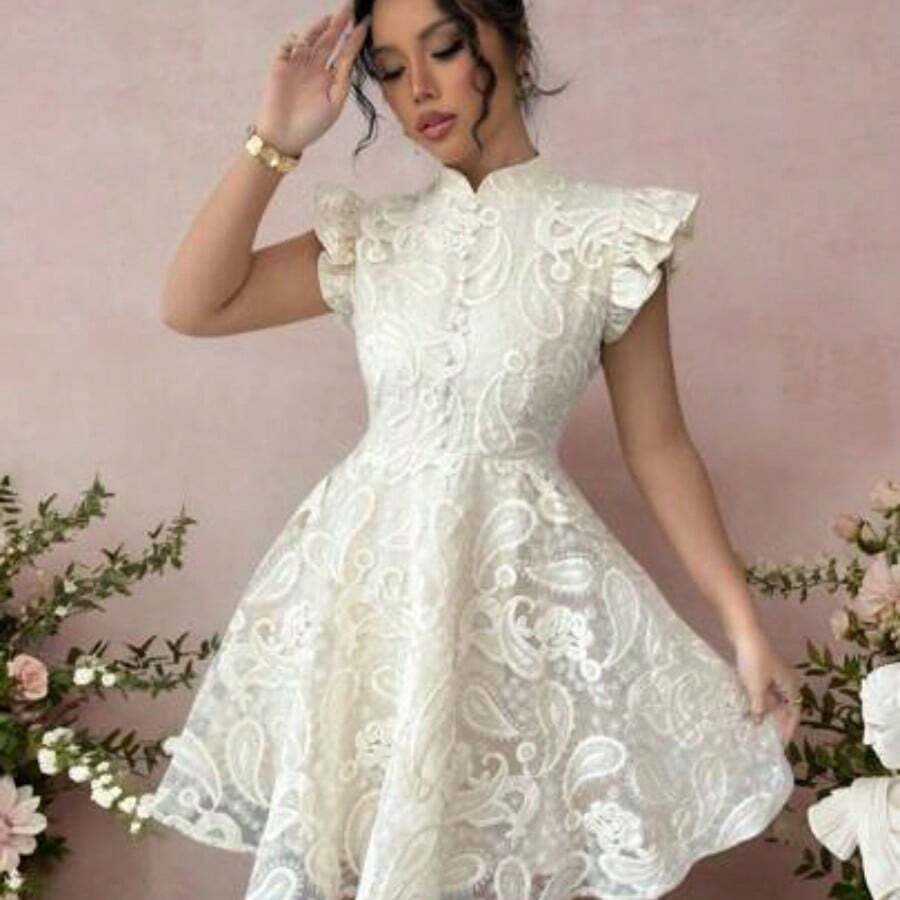 Women's Elegant Stand Collar Lace Solid Cap Sleeve A-Line Mini Dress, Suitable For Date, Party, Garden, Valentine's Day, Holiday - Albaricoque - Ver 1