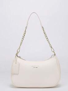 2026 New Classic Wild Letter Pattern Decor Design Solid Color PU Leather Shoulder Bag Moon Bag, Suitable For Shopping, Can Be Worn Crossbody - White - View 4