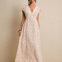 Women's Floral Print V-Neck Elegant Waist Cinched Party & Casual Dress - Multicolor - Ver 8