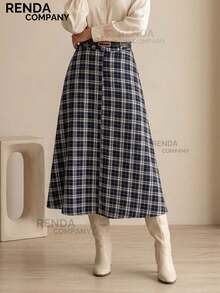 Women's Tailored Plaid Midi Skirt, High Waist With Leather Belt, Elegant Look, For Autumn And Winter (São João Festival). - 藍色 - 查看 1