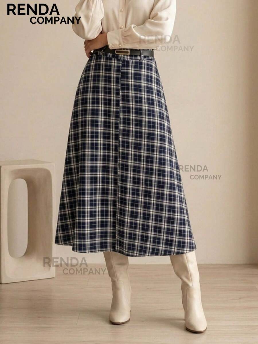 Women's Tailored Plaid Midi Skirt, High Waist With Leather Belt, Elegant Look, For Autumn And Winter (São João Festival). - 藍色 - 查看 1