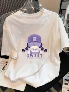 Pure Summer Women's Light Purple Short Sleeve T-Shirt, New Modern Print Style, Loose Fit Short Sleeve Top, Pure Cotton T-Shirt. - 黑色 - 查看 6