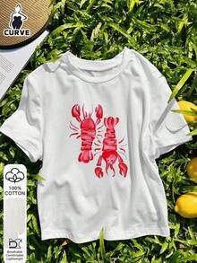 1pc Women's Plus Size 100% Cotton Short Sleeve T-Shirt With Lobster Print, Casual Style, Graphic Tee, Summer T-Shirt, Holiday Clothes, Travel Clothes, Beach Style, Minimalist Holiday Clothes, White, 100% Cotton. - 白色 - 查看 3