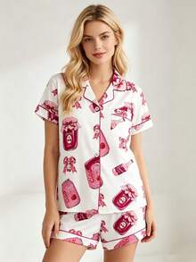 Sleepwear With Printed Collar Short-Sleeved Shorts For European-Style Home Wear. Loose And Comfortable Cardigan. - Pink - View 6