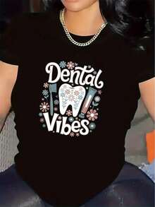 Camiseta con diseño de "Vibes Dentales", cuello redondo cómodo y duradero para dentistas y higienistas, tejido suave de elasticidad media, estilo impreso maduro, ideal para el trabajo o el ocio, ropa casual para todas las estaciones - Negro - Ver 11