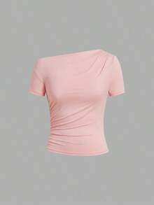 Camiseta de moda de manga corta con hombros oblicuos y ajustada de unicolor para mujer, verano - Multicolor 5 - Ver 3