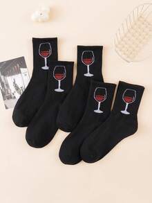 5/10 Pairs Women Socks, Minimalist Black White Wine Glass Graphic Casual Mid-Calf Socks, Versatile Solid Color, Spring/Summer - Multicolor - View 11