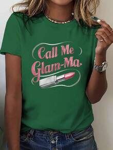 Camiseta GLAM ME con estampado de labial "Call Me Glam Ma", manga corta, cuello redondo, top casual para verano y primavera, ropa de mujer - Verde - Ver 6