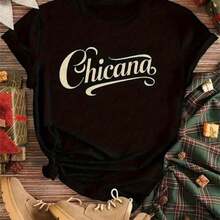 Women's 100% Style T-Shirt - White Mexican Style Top With Cursive "Chicana" Print, Casual Cultural Clothing, Short Sleeve Crew Neck T-Shirt For Daily Wear, Suitable For Day Of The Dead Events (Machine Washable) - 黑色 - 查看 5