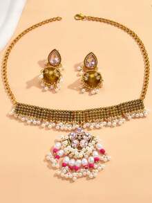 Conjunto de joyería de 3 piezas con collar y aretes con borlas de perlas falsas exageradas - Dorado - Ver 4