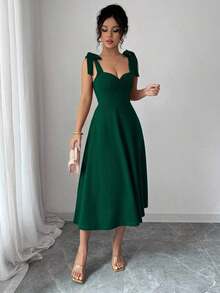 elegante y romántico para mujer con lazo decorativo en la cintura y corte evasé sin mangas - Verde Oscuro - Ver 3