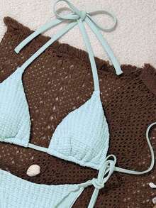 Swim Mod Bikini triangular retro dulce y picante, de talla pequeña con cordones, de alta gama a rayas rojas y azules, traje de baño sensual de piezas separadas, Primavera/Verano 2026 - Celeste - Ver 5