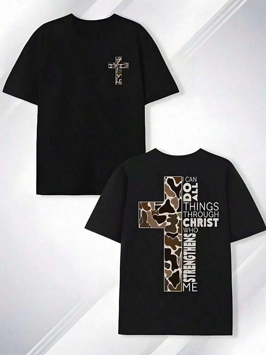 Camiseta Casual para Regalo de San Valentín, Camiseta con Estampado Gráfico "Puedo hacerlo todo en Cristo que me fortalece" para Hombre y Mujer, Estampado de Camuflaje de Doble Cara con Cruz, Diseño de Cruz Pequeña en la Parte Delantera y Cruz Grande en la Parte Trasera con Versículo Bíblico, Camiseta de Manga Corta con Cuello Redondo y Corte Holgado, Camiseta Suave y Cómoda para Uso Diario en Días Festivos y para Combinar con Atuendos Cotidianos, Ideal para Ocasiones Cristianas y Espirituales (Pieza Única, Material: 100% Algodón) Cuello Redondo Algodón 100% Tejido Suave Manga Corta - Negro - Ver 1