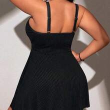Swim Lushore Plus Size Women Summer Solid Color Front Tie Spaghetti Strap Tankini Beach Dress With Shorts Set - Negro - Ver 3