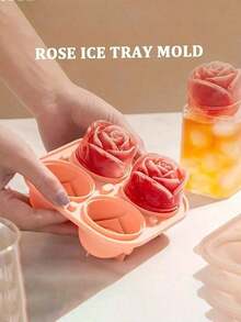 4-Cavity Rose Shaped Silicone Ice Cube Tray With Lid, 3D Rose Ice Ball Maker Mold, Suitable For Whiskey Cocktails And Romantic Occasions - Multicolor - View 3