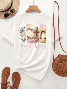 New Summer Collection 2026: Fashionable Women's T-Shirt [Double-Sided Print], Casual Short-Sleeve Crew Neck Top With A Four-Panel Patchwork Design: Palm Leaf, Crown Of Thorns, Cross, Empty Tomb, With A Pink Ribbon And The Text "True Story". Suitable For Casual Wear, Versatile Clothing, Fashionable T-Shirt, Comfortable Material, Popular Style Summer T-Shirt. Front And Back Print - 白色 - 查看 3