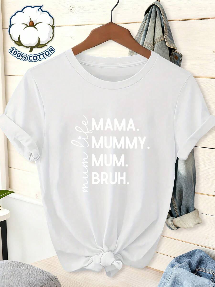 100% Purísima Short Sleeve Round Neck T-Shirt With Printed Design And Mixed Fonts, Including Words Like MAMA, MUMMY, MUM, BRUH, And The Handwritten Phrase 'Mum Life', Creating A Fun Typographic Design With A Versatile And Comfortable Fabric - White - View 1