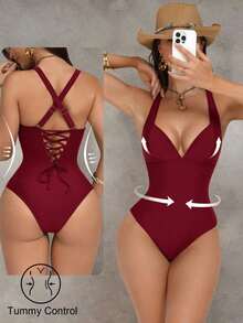 Traje de baño de una pieza con control de abdomen y push-up, con parches de color marrón, cordón de ajuste elegante y sexy, para fiestas y piscina - Burdeos 2 - Ver 9