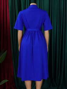 New 2026 Women's Summer Dress Lapel Collar Short Sleeve Solid Color High Waist Flared - 寶藍色 - 查看 2