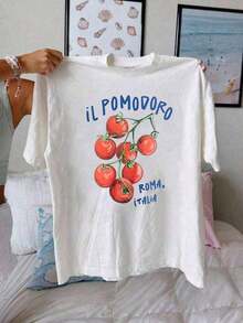 Suave Camiseta con Estampado Gráfico de Tomate, Manga Corta Cuello Redondo, Top Casual, Verano y Primavera, Camiseta para Mujeres, blusas para mujer>camisa - Blanco - Ver 2