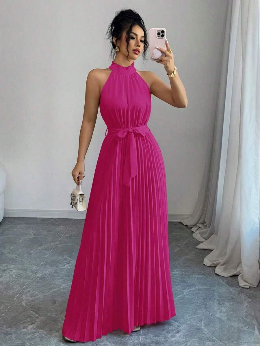 Vestido de línea A con cuello con volantes y cintura plisada, elegante y romántico para el Día de San Valentín - Rosa Fucsia - Ver 1