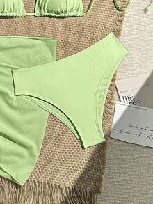 Conjunto de 3 piezas de traje de baño de bikini de unicolor y estilo sexy de halter para mujeres, conjunto de traje de baño, para vacaciones de verano en la playa - Verde lima - Ver 6