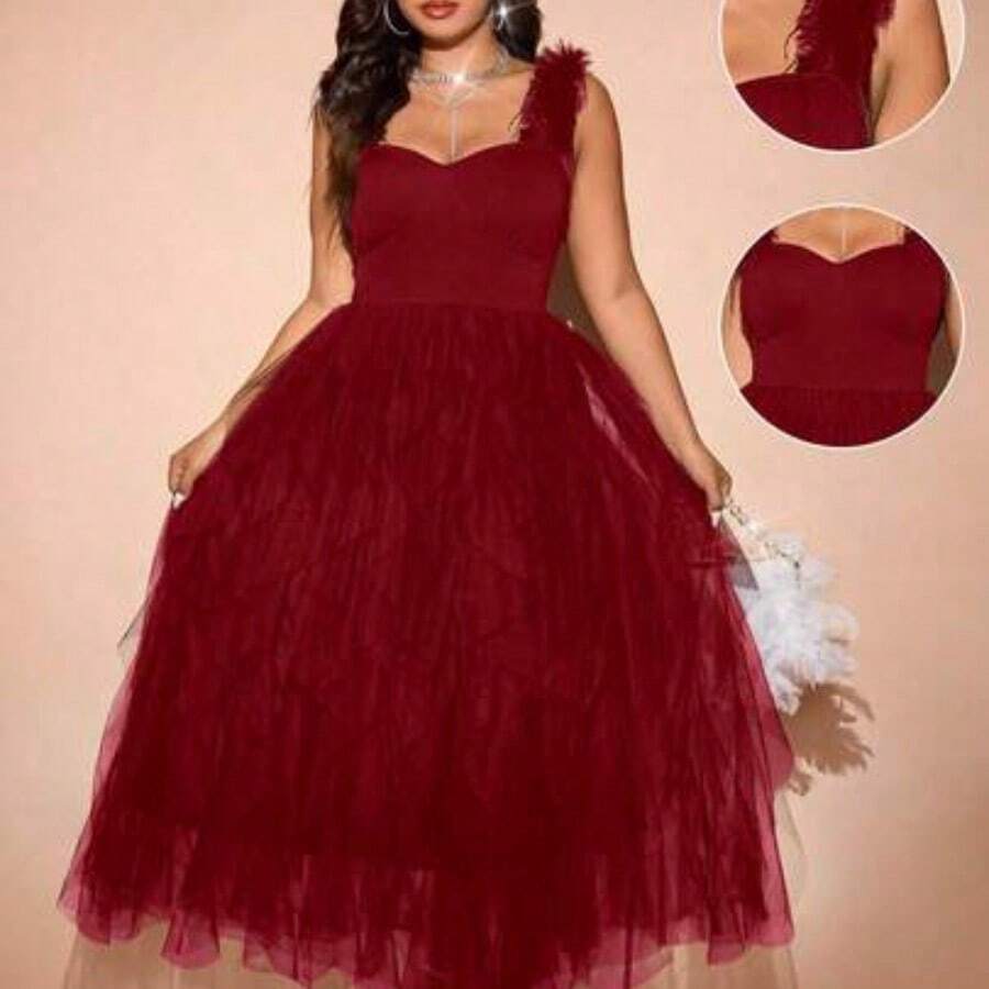 Cravure Plus Size Solid Color Elegant Sleeveless Party Dress With Mesh Splice Maxi Women Outfit - Burdeos - Ver 1
