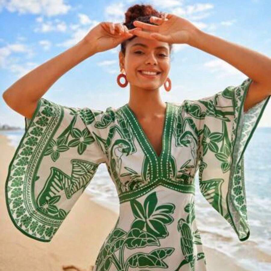 Retro Tropical Print V-Neck Casual Dress, Fall Clothes, New Year, Wedding Guest Outfits, Elegant Graduation, Luxury Prom Dress, Casual Outfits - Verde - Ver 1