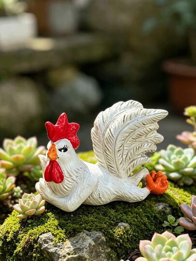 Estatua de jardín de pollo, figura decorativa de gallo acostado lindo para decoración de patio, jardín y césped al aire libre, ornamento de animal de granja resistente a la intemperie de resina para decoración del hogar y el jardín, escultura de pollo divertida para el borde de la maceta, roca con musgo, alféizar de ventana