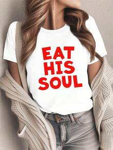 Women's Gothic T-Shirt "Eat His Soul" With Bold Lettering - 100% Casual Crew Neck With White Design, Suitable For All Seasons, Casual Outfits And Themed Events (Machine Washable) - Inspired By Vampires - 白色 - 查看 1