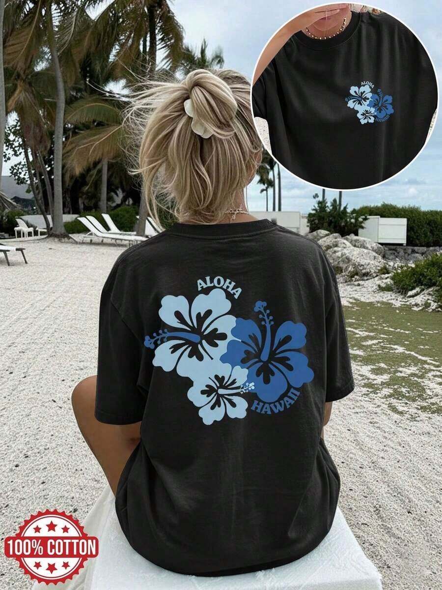 3 piezas, Nueva Colección de Verano 2026, [Estampado de Doble Cara] Camiseta Casual de Verano para Mujer, Estilo Fresco, Estampado de Flor de Hibisco ALOHA HAWAII, Manga Corta, Cuello Redondo, Hombros Caídos, Talla [LangK]% Algodón, Tallas S–7XL | Moda Urbana Local de Primavera/Verano | | Uso Casual Diario Primavera Verano Moderno Moldeador | Conjunto de verano para mujer, ropa de vacaciones | Blusas elegantes para mujer, ropa de primavera, blusas de verano. - Negro - Ver 1
