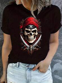 Camiseta de algodón puro para mujer, con estampado de calavera pirata y espada, estilo casual, cuello redondo. - Negro - Ver 7