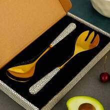 Stainless Steel Salad Fork And Spoon Set With Ceramic Handles, Extended Polka Dot Ceramic Handle Salad Spoon, Nordic Style Gold And Silver Color Salad Mixing Utensil, Kitchen Cooking And Baking Mixing Tool, High-End Gift Box Tableware, Dishwasher - View 5