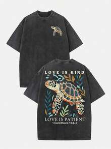 Camiseta de talla grande: El amor es ternura, el amor es paciencia. Esta camiseta presenta un diseño vintage con un patrón de tortugas y es de color azul oscuro. Estilo de manga corta para hombre, tela lavada de 230 gramos. - Negro - Ver 7