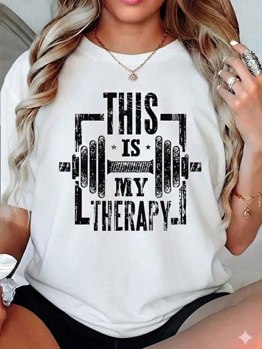 Black T-Shirt With The Phrase "THIS IS MY THERAPY" And A Dumbbell Graphic, Fitness And Gym Motivation T-Shirt, Oversized Loose Grunge Style Blouse, Gift Tops For Trainers And Weightlifting Enthusiasts ZH9O - 白色 - 查看 1