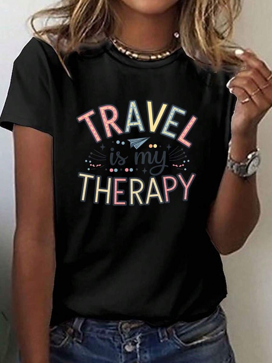 Women's T-Shirt "Travel Is My Therapy", Casual Round Neck, Short Sleeve, Polyester (95%) With Spandex (5%) Fabric With Geometric Pattern, Regular Length, All Season Comfort, Fabric Weight 180g/M², Y2k T-Shirt - 黑色 - 查看 1